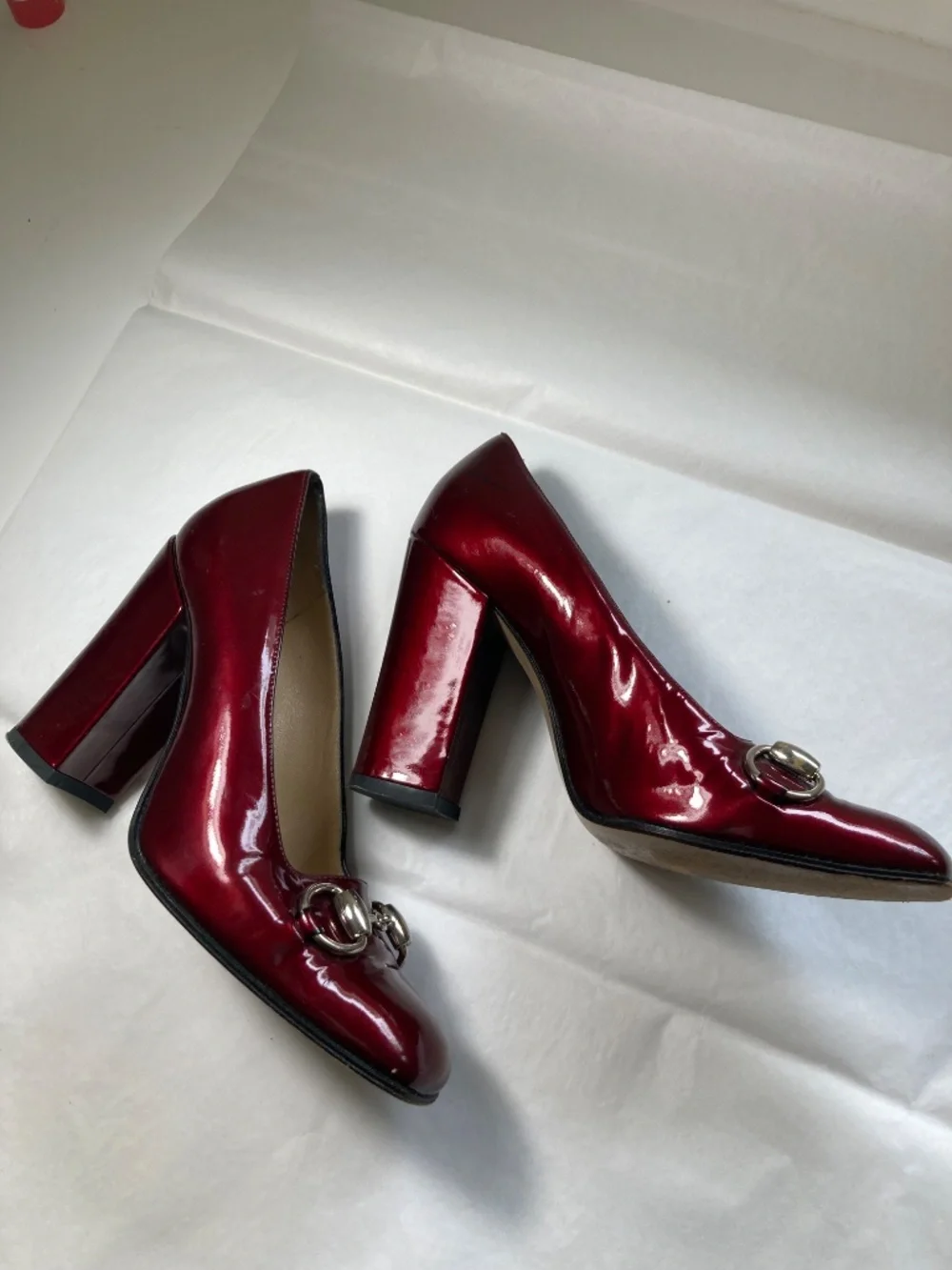 Gucci “Tom Ford” Era S6 Red Patent Pumps Sq Toe w Silver Horsebit Detail